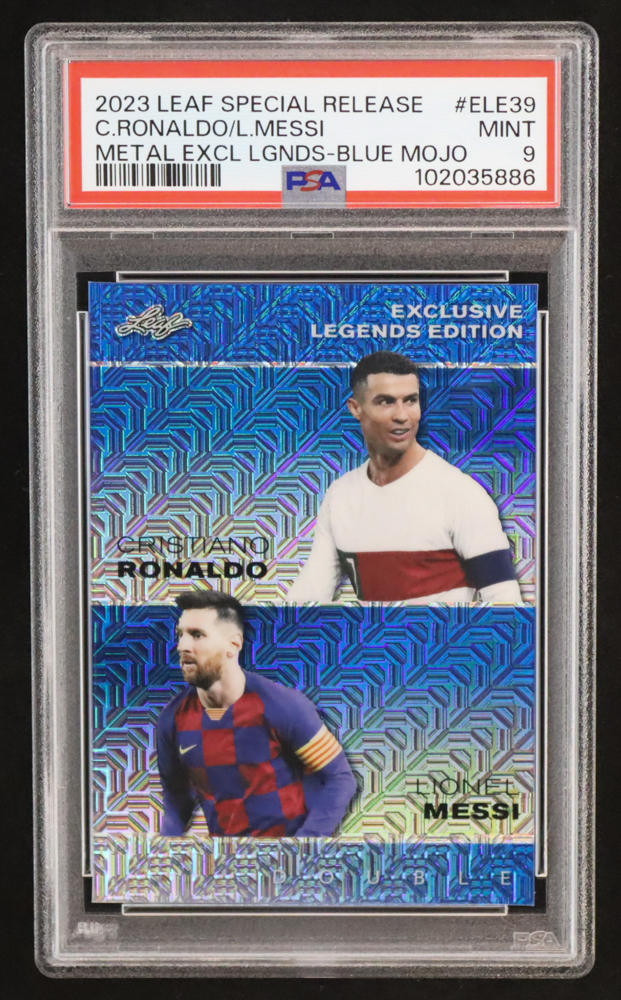 Cristiano Ronaldo / Lionel Messi 2023 Leaf Metal Special Release Exclusive Legends Edition Mojo Blue #ELE39 #18/20 (PSA 9) at PristineAuction.com Cristiano Ronaldo / Lionel Messi 2023 Leaf Metal Special Release Exclusive Legends Edition Mojo Blue #ELE39 #18/20 (PSA 9) at PristineAuction.com