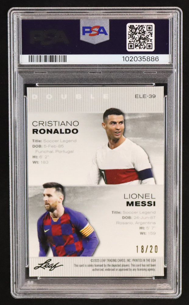 Cristiano Ronaldo / Lionel Messi 2023 Leaf Metal Special Release Exclusive Legends Edition Mojo Blue #ELE39 #18/20 (PSA 9) at PristineAuction.com Cristiano Ronaldo / Lionel Messi 2023 Leaf Metal Special Release Exclusive Legends Edition Mojo Blue #ELE39 #18/20 (PSA 9) at PristineAuction.com