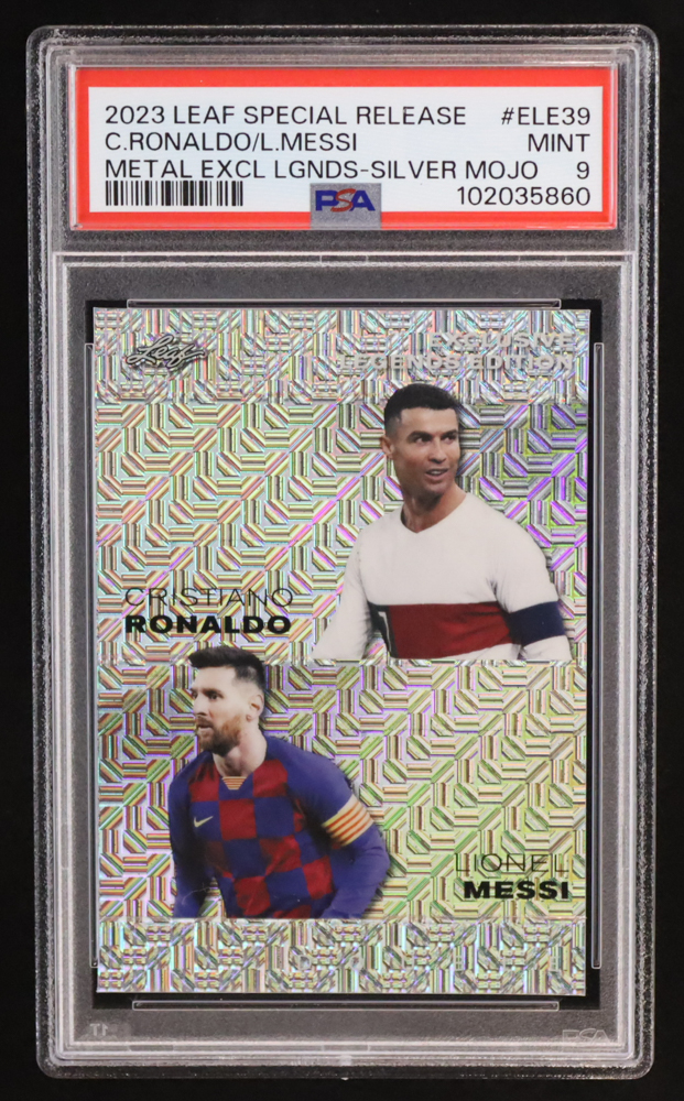 Cristiano Ronaldo / Lionel Messi 2023 Leaf Metal Special Release Exclusive Legends Edition Mojo Silver #ELE39 #13/25 (PSA 9) at PristineAuction.com Cristiano Ronaldo / Lionel Messi 2023 Leaf Metal Special Release Exclusive Legends Edition Mojo Silver #ELE39 #13/25 (PSA 9) at PristineAuction.com