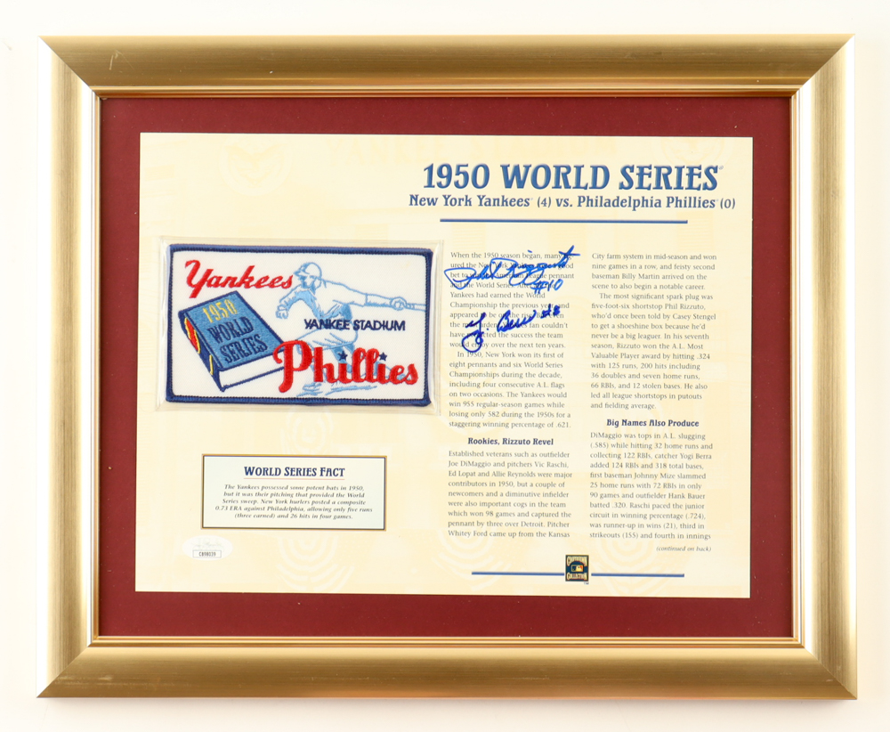 Yogi Berra & Phil Rizzuto Signed 1950 World Series Custom Framed Commemorative Patch Card Display (JSA) at PristineAuction.com Yogi Berra & Phil Rizzuto Signed 1950 World Series Custom Framed Commemorative Patch Card Display (JSA) at PristineAuction.com