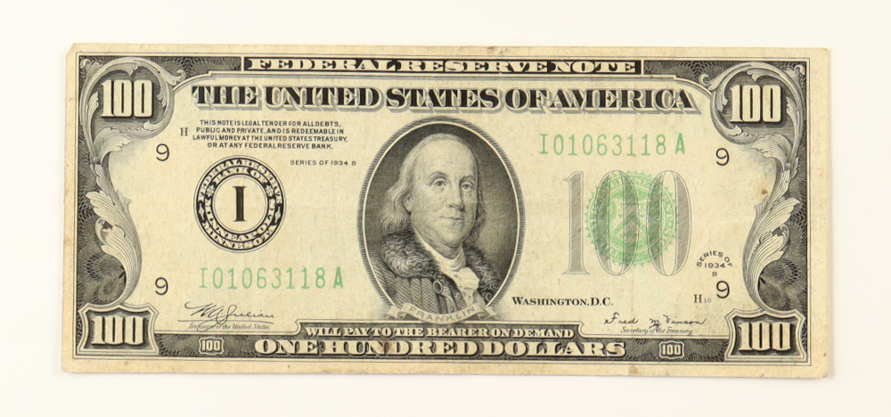1934-B United States $100 One Hundred Dollar Federal Reserve Note at PristineAuction.com 1934-B United States $100 One Hundred Dollar Federal Reserve Note at PristineAuction.com