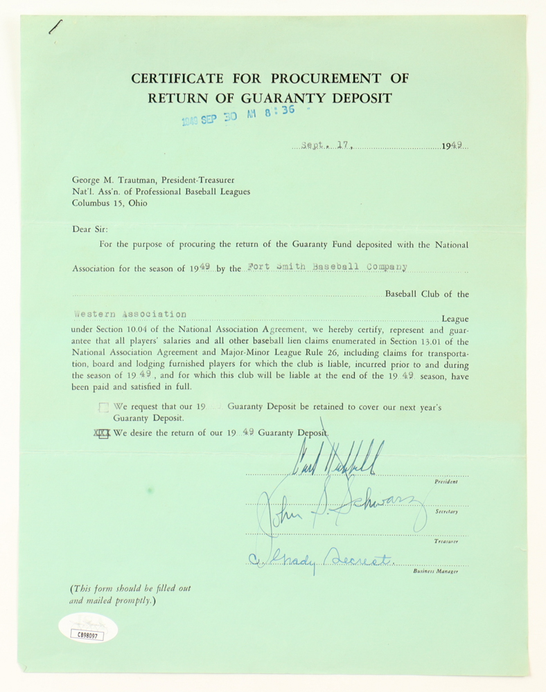 Carl Hubbell Signed 1949 Guaranty Deposit Certificate (JSA) at PristineAuction.com Carl Hubbell Signed 1949 Guaranty Deposit Certificate (JSA) at PristineAuction.com