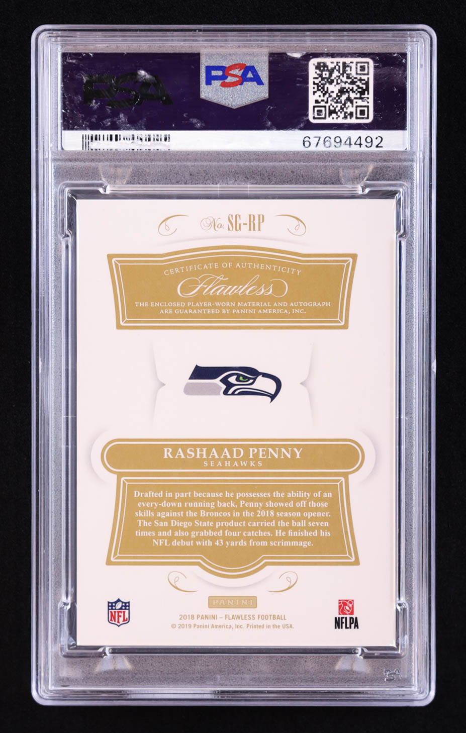 Rashaad Penny 2018 Panini Flawless Signature Gloves #15 #10/20 (PSA 9) at PristineAuction.com Rashaad Penny 2018 Panini Flawless Signature Gloves #15 #10/20 (PSA 9) at PristineAuction.com