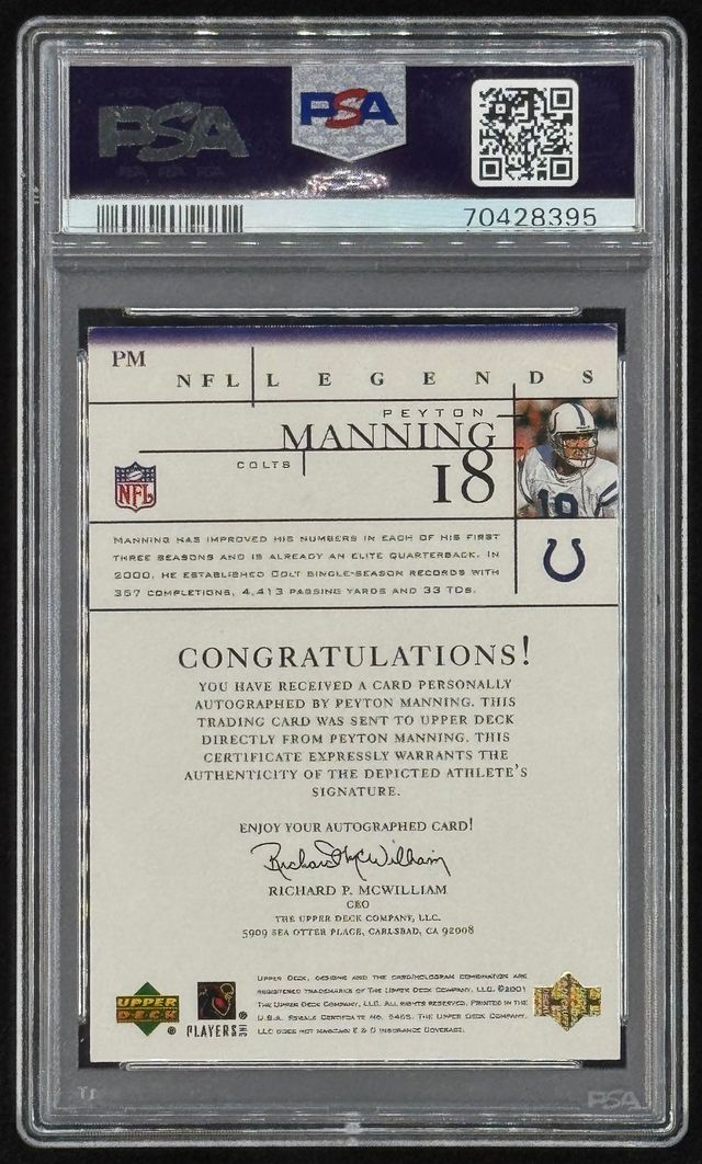 Peyton Manning 2001 Upper Deck Legends Autographs #PM (PSA Authentic) at PristineAuction.com Peyton Manning 2001 Upper Deck Legends Autographs #PM (PSA Authentic) at PristineAuction.com