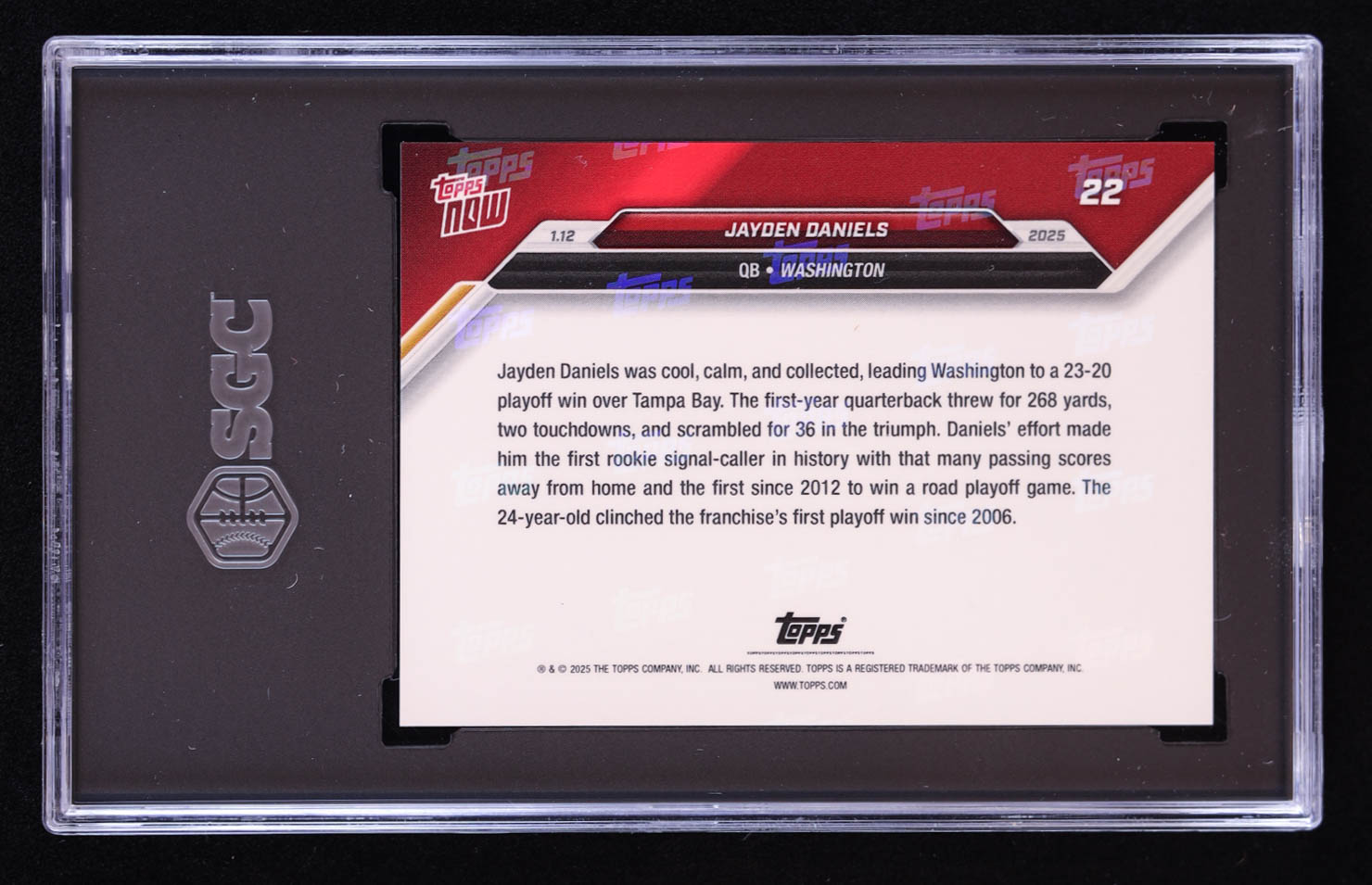 Jayden Daniels 2025 Topps Now #22 RC (SGC 9) at PristineAuction.com Jayden Daniels 2025 Topps Now #22 RC (SGC 9) at PristineAuction.com