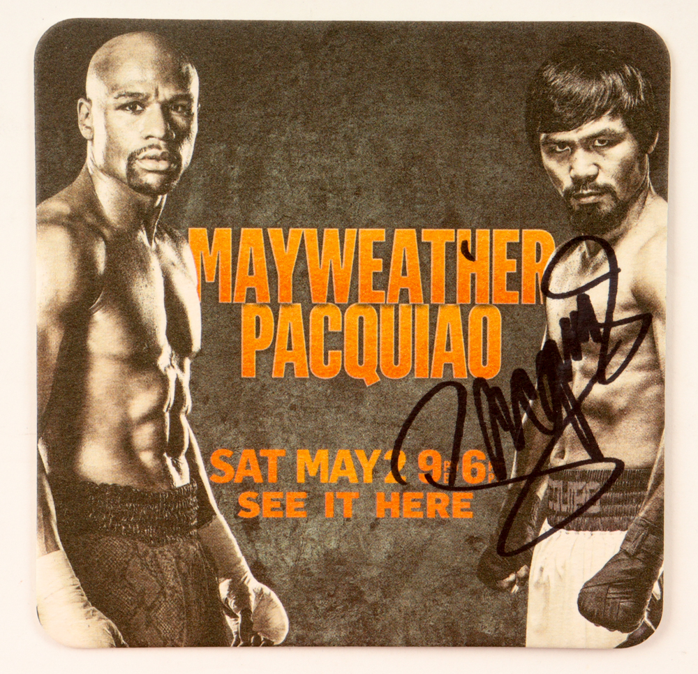 Manny "PacMan" Pacquiao Signed "Mayweather vs Pacquiao" 4x4 Coaster (PSA) at PristineAuction.com Manny "PacMan" Pacquiao Signed "Mayweather vs Pacquiao" 4x4 Coaster (PSA) at PristineAuction.com