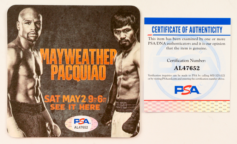 Manny "PacMan" Pacquiao Signed "Mayweather vs Pacquiao" 4x4 Coaster (PSA) at PristineAuction.com Manny "PacMan" Pacquiao Signed "Mayweather vs Pacquiao" 4x4 Coaster (PSA) at PristineAuction.com