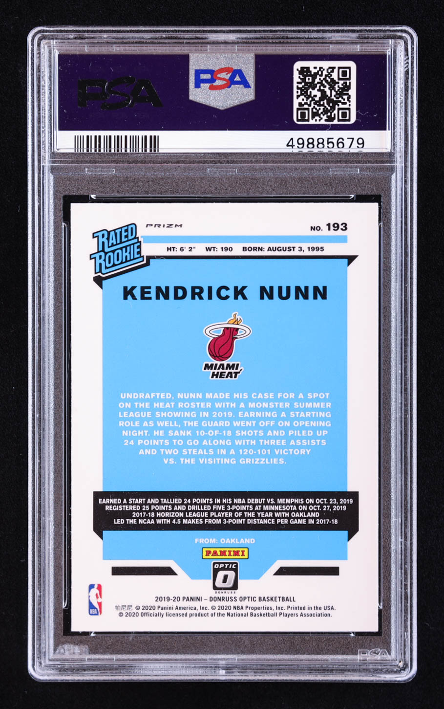 Kendrick Nunn 2019-20 Donruss Optic Purple #193 RR RC (PSA 10) at PristineAuction.com Kendrick Nunn 2019-20 Donruss Optic Purple #193 RR RC (PSA 10) at PristineAuction.com