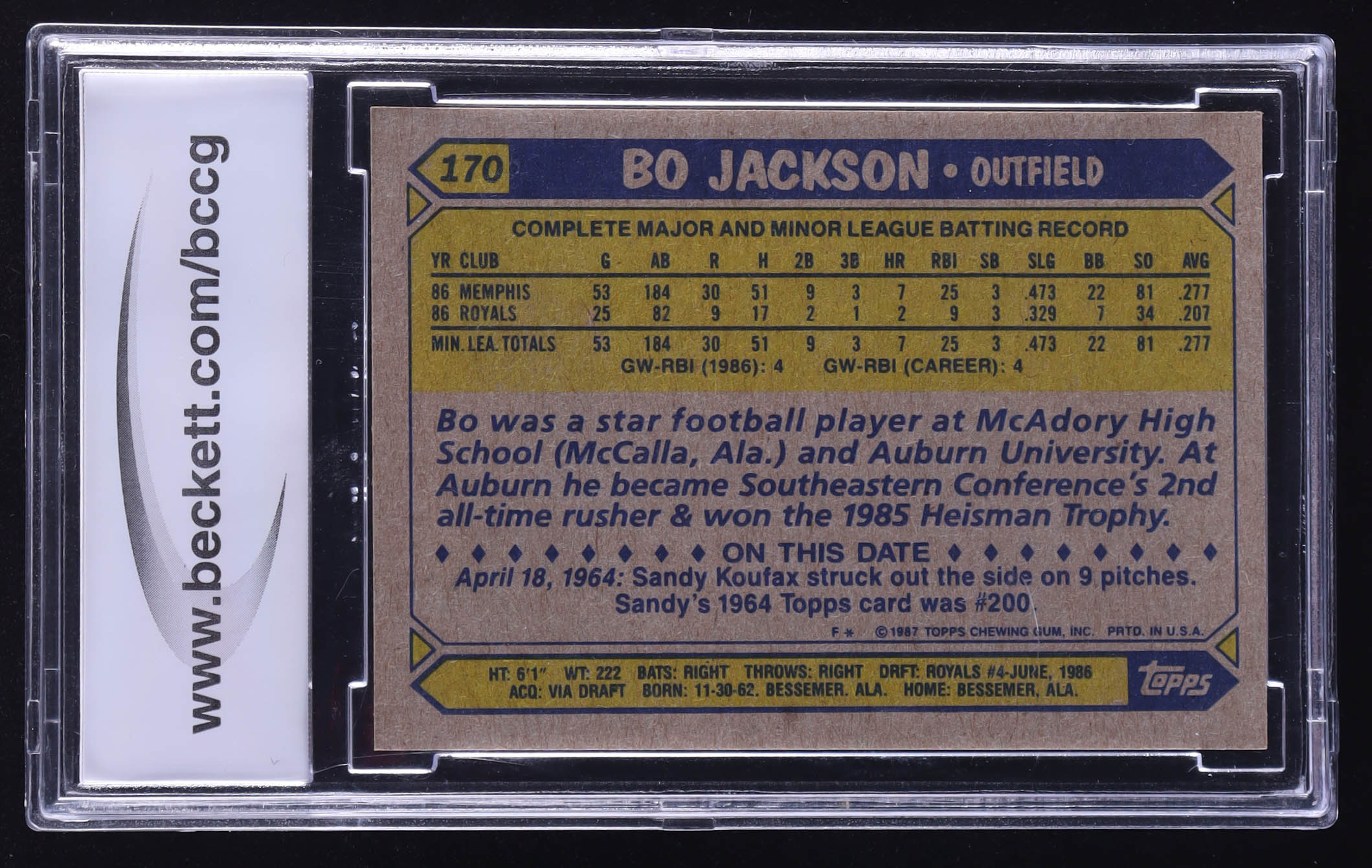 Bo Jackson 1987 Topps #170 RC (BCCG 10) at PristineAuction.com Bo Jackson 1987 Topps #170 RC (BCCG 10) at PristineAuction.com