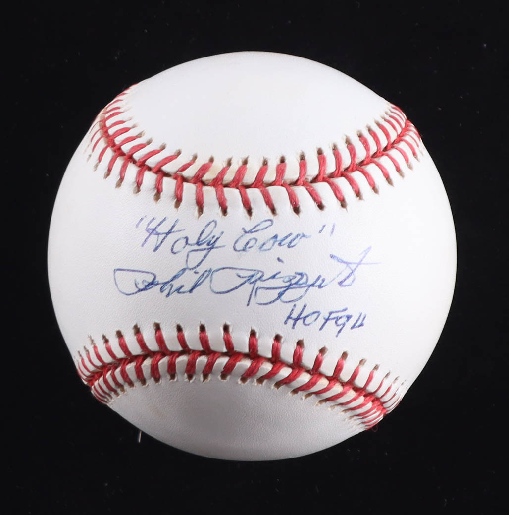 Phil 'Scooter' Rizzuto Signed 2000 World Series Logo Baseball Inscribed "Holy Cow" & "HOF 94" (JSA) at PristineAuction.com Phil 'Scooter' Rizzuto Signed 2000 World Series Logo Baseball Inscribed "Holy Cow" & "HOF 94" (JSA) at PristineAuction.com