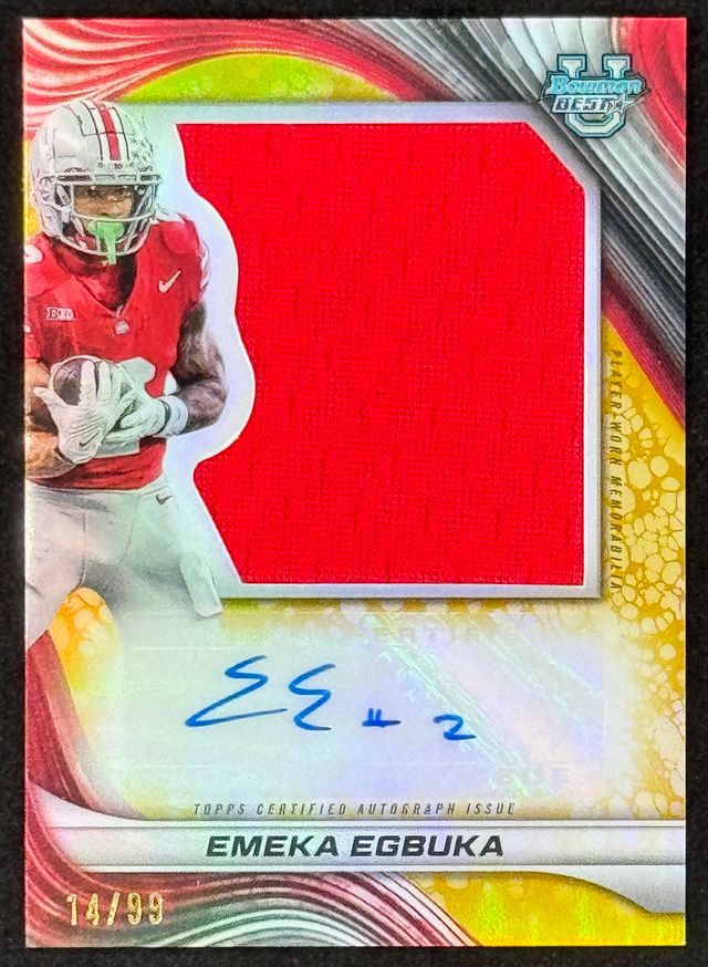 Emeka Egbuka 2024 Bowman's Best University Honor Roll Prospect Jumbo Jersey #PJAEE RC #14/99 at PristineAuction.com Emeka Egbuka 2024 Bowman's Best University Honor Roll Prospect Jumbo Jersey #PJAEE RC #14/99 at PristineAuction.com