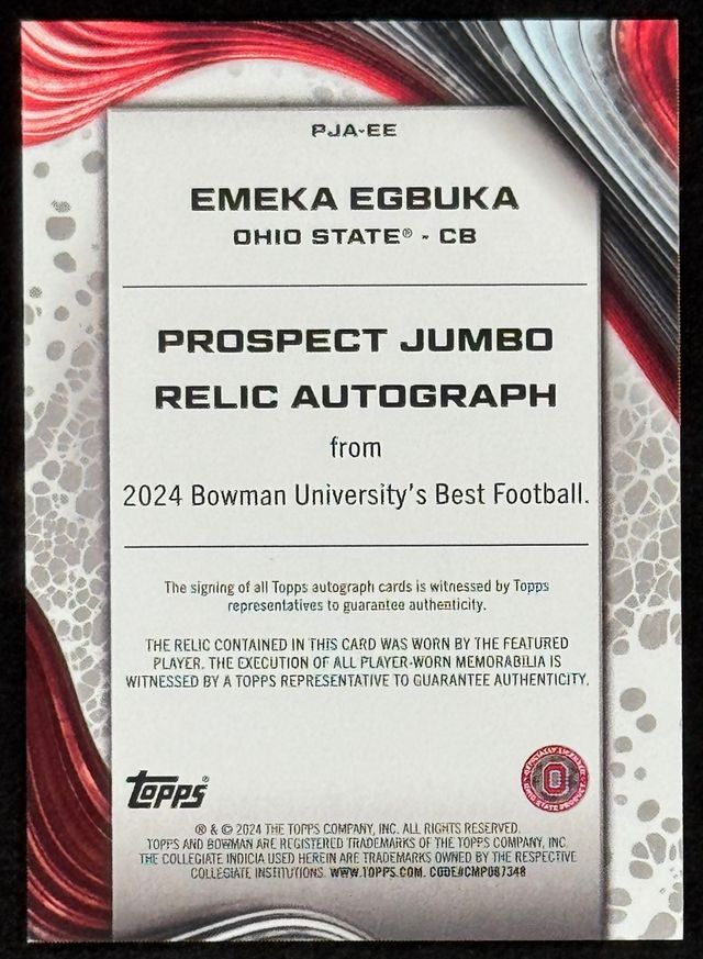 Emeka Egbuka 2024 Bowman's Best University Honor Roll Prospect Jumbo Jersey #PJAEE RC #14/99 at PristineAuction.com Emeka Egbuka 2024 Bowman's Best University Honor Roll Prospect Jumbo Jersey #PJAEE RC #14/99 at PristineAuction.com