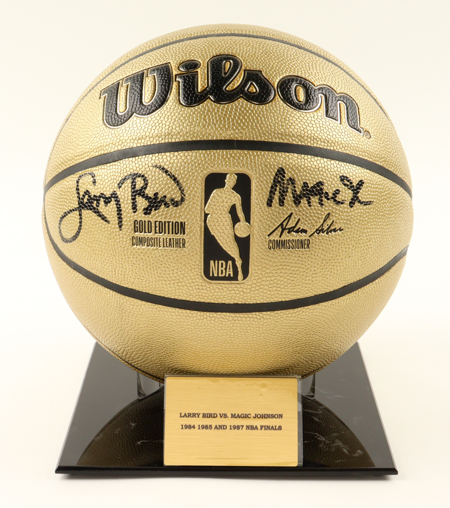 Magic Johnson & Larry Bird Signed NBA Gold Edition Basketball with Name Plaque (Beckett) at PristineAuction.com Magic Johnson & Larry Bird Signed NBA Gold Edition Basketball with Name Plaque (Beckett) at PristineAuction.com