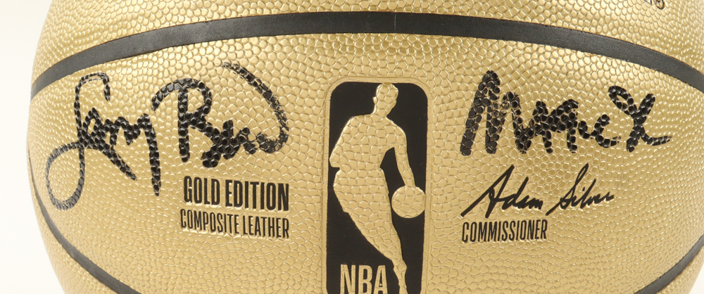 Magic Johnson & Larry Bird Signed NBA Gold Edition Basketball with Name Plaque (Beckett) at PristineAuction.com Magic Johnson & Larry Bird Signed NBA Gold Edition Basketball with Name Plaque (Beckett) at PristineAuction.com