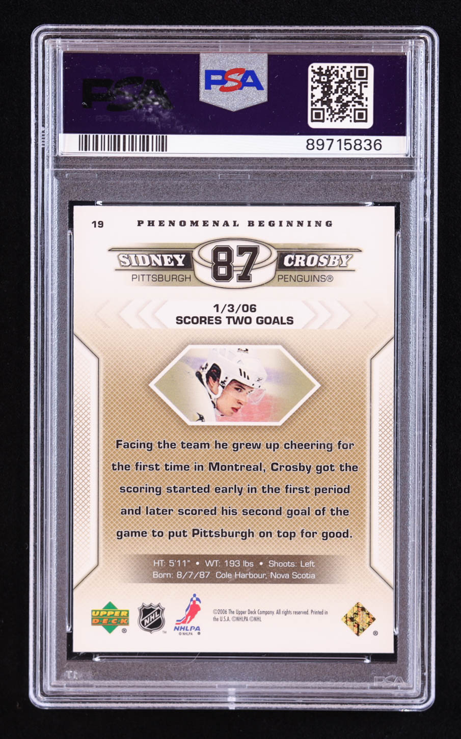 Sidney Crosby 2005-06 Upper Deck Phenomenal Beginnings #19 RC (PSA 9) at PristineAuction.com Sidney Crosby 2005-06 Upper Deck Phenomenal Beginnings #19 RC (PSA 9) at PristineAuction.com
