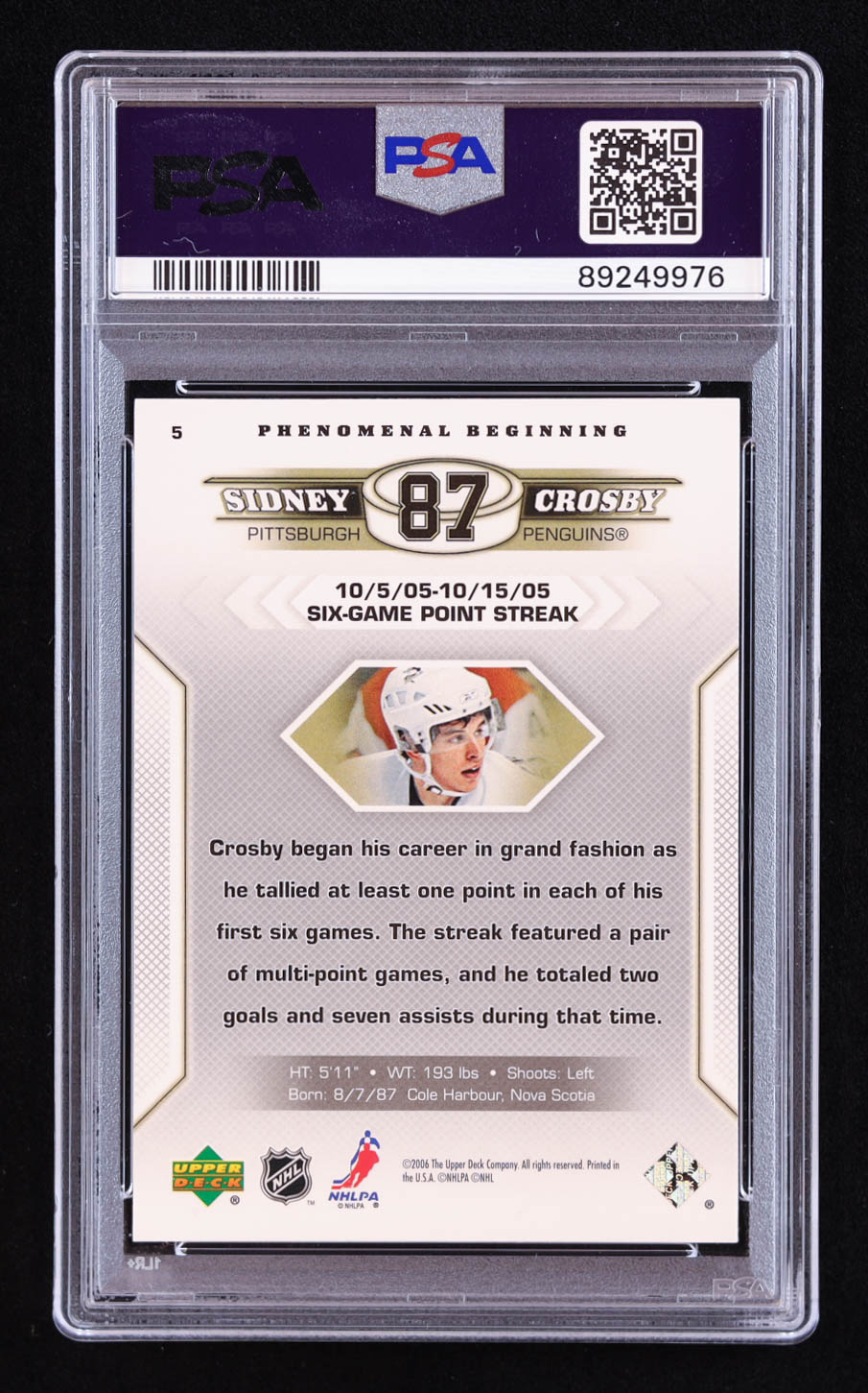 Sidney Crosby 2005-06 Upper Deck Phenomenal Beginnings #5 RC (PSA 9) at PristineAuction.com Sidney Crosby 2005-06 Upper Deck Phenomenal Beginnings #5 RC (PSA 9) at PristineAuction.com