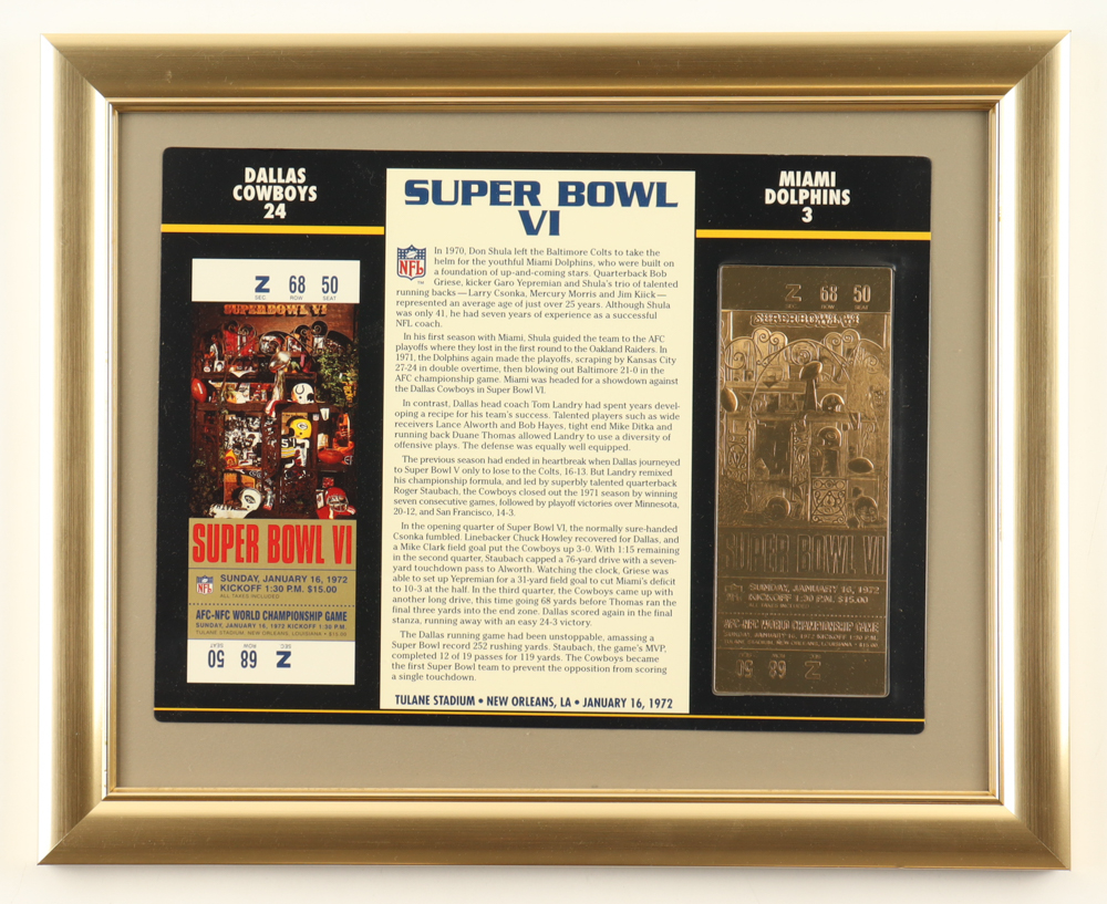 Super Bowl VI Commemorative Custom Framed Score Card 23KT Gold Ticket Display at PristineAuction.com Super Bowl VI Commemorative Custom Framed Score Card 23KT Gold Ticket Display at PristineAuction.com