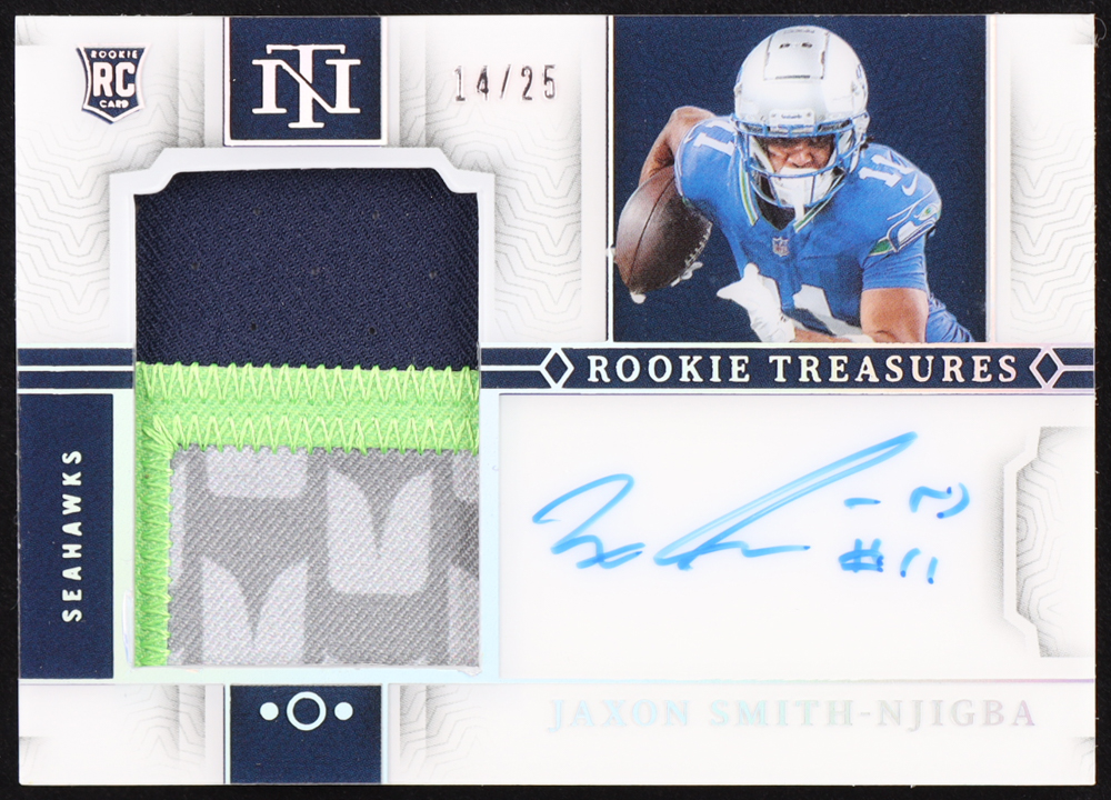 Jaxon Smith-Njigba 2023 Panini National Treasures Crossover Rookie Patch Autographs Holo Silver #13 EXCH RC #14/25 at PristineAuction.com Jaxon Smith-Njigba 2023 Panini National Treasures Crossover Rookie Patch Autographs Holo Silver #13 EXCH RC #14/25 at PristineAuction.com