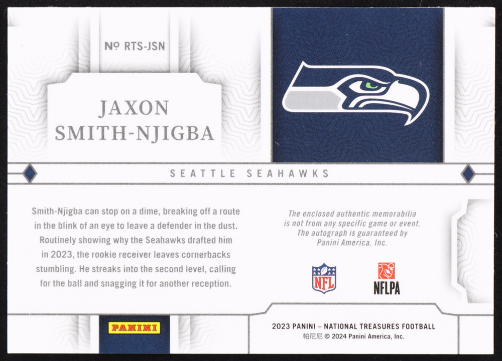 Jaxon Smith-Njigba 2023 Panini National Treasures Crossover Rookie Patch Autographs Holo Silver #13 EXCH RC #14/25 at PristineAuction.com Jaxon Smith-Njigba 2023 Panini National Treasures Crossover Rookie Patch Autographs Holo Silver #13 EXCH RC #14/25 at PristineAuction.com