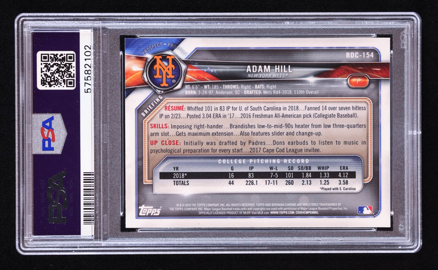 Adam Hill Signed 2018 Bowman Chrome Draft #BDC154 RC (PSA) at PristineAuction.com Adam Hill Signed 2018 Bowman Chrome Draft #BDC154 RC (PSA) at PristineAuction.com