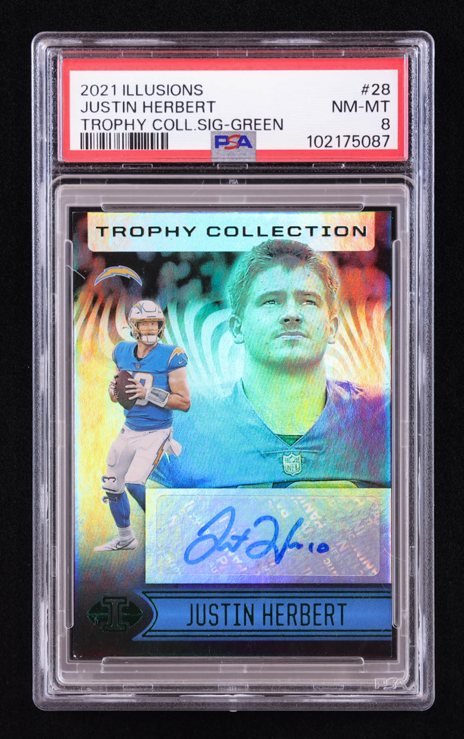 Justin Herbert 2021 Panini Illusions Trophy Collection Signatures Green #28 #2/3 (PSA 8) at PristineAuction.com Justin Herbert 2021 Panini Illusions Trophy Collection Signatures Green #28 #2/3 (PSA 8) at PristineAuction.com