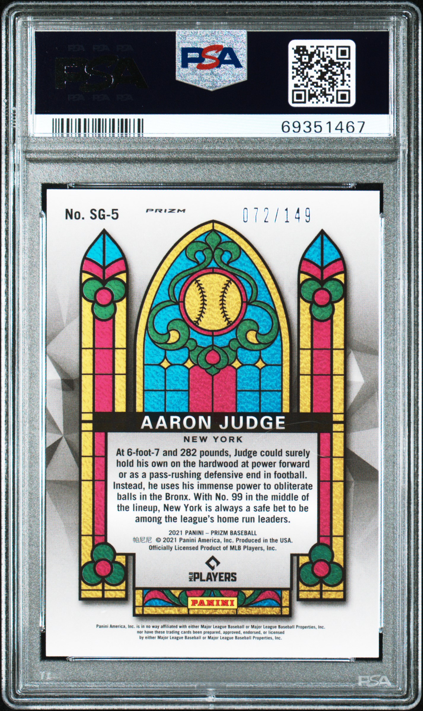 Aaron Judge 2021 Panini Prizm Stained Glass Prizms Red Mojo #5 #72/149 (PSA 10) at PristineAuction.com Aaron Judge 2021 Panini Prizm Stained Glass Prizms Red Mojo #5 #72/149 (PSA 10) at PristineAuction.com