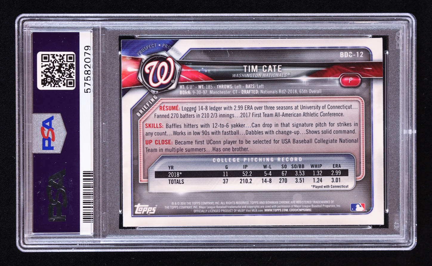 Tim Cate Signed 2018 Bowman Chrome Draft #BDC12 RC (PSA) at PristineAuction.com Tim Cate Signed 2018 Bowman Chrome Draft #BDC12 RC (PSA) at PristineAuction.com