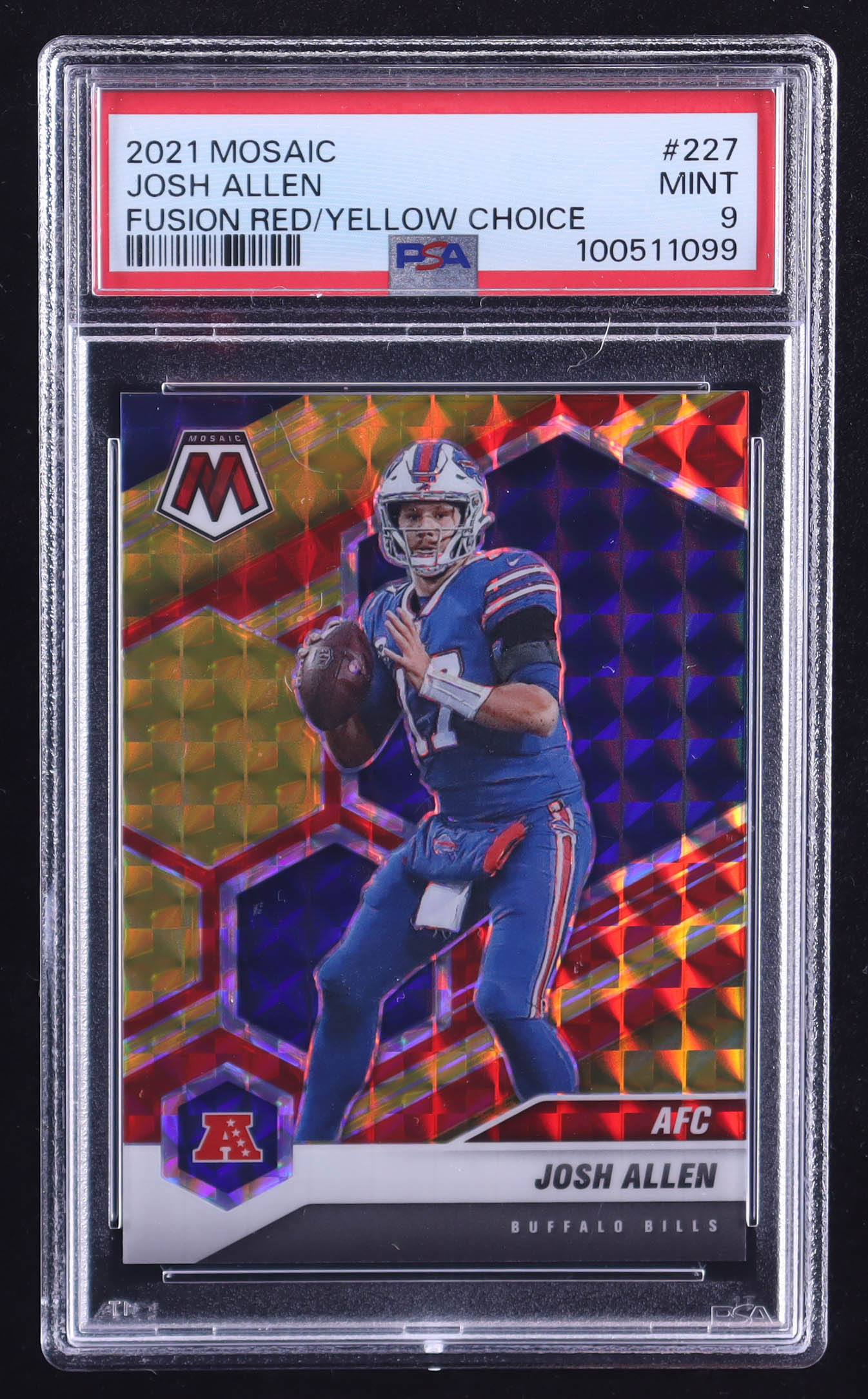 Josh Allen 2021 Panini Mosaic Mosaic Choice Fusion Red and Yellow #227 AFC #52/80 (PSA 9) at PristineAuction.com Josh Allen 2021 Panini Mosaic Mosaic Choice Fusion Red and Yellow #227 AFC #52/80 (PSA 9) at PristineAuction.com