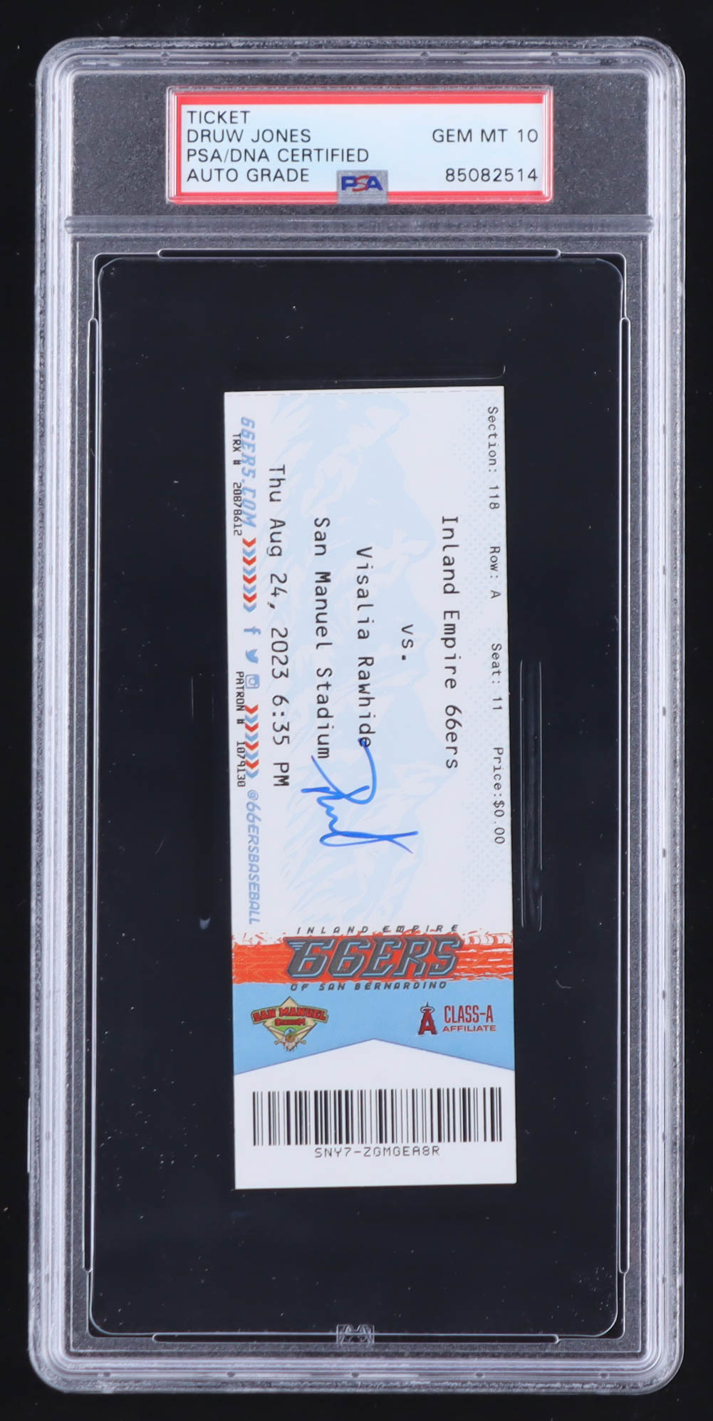Druw Jones Signed 2023 Inland Empire 66ers vs. Visalia Rawhide Game Ticket (PSA | Auto Grade 10) at PristineAuction.com Druw Jones Signed 2023 Inland Empire 66ers vs. Visalia Rawhide Game Ticket (PSA | Auto Grade 10) at PristineAuction.com