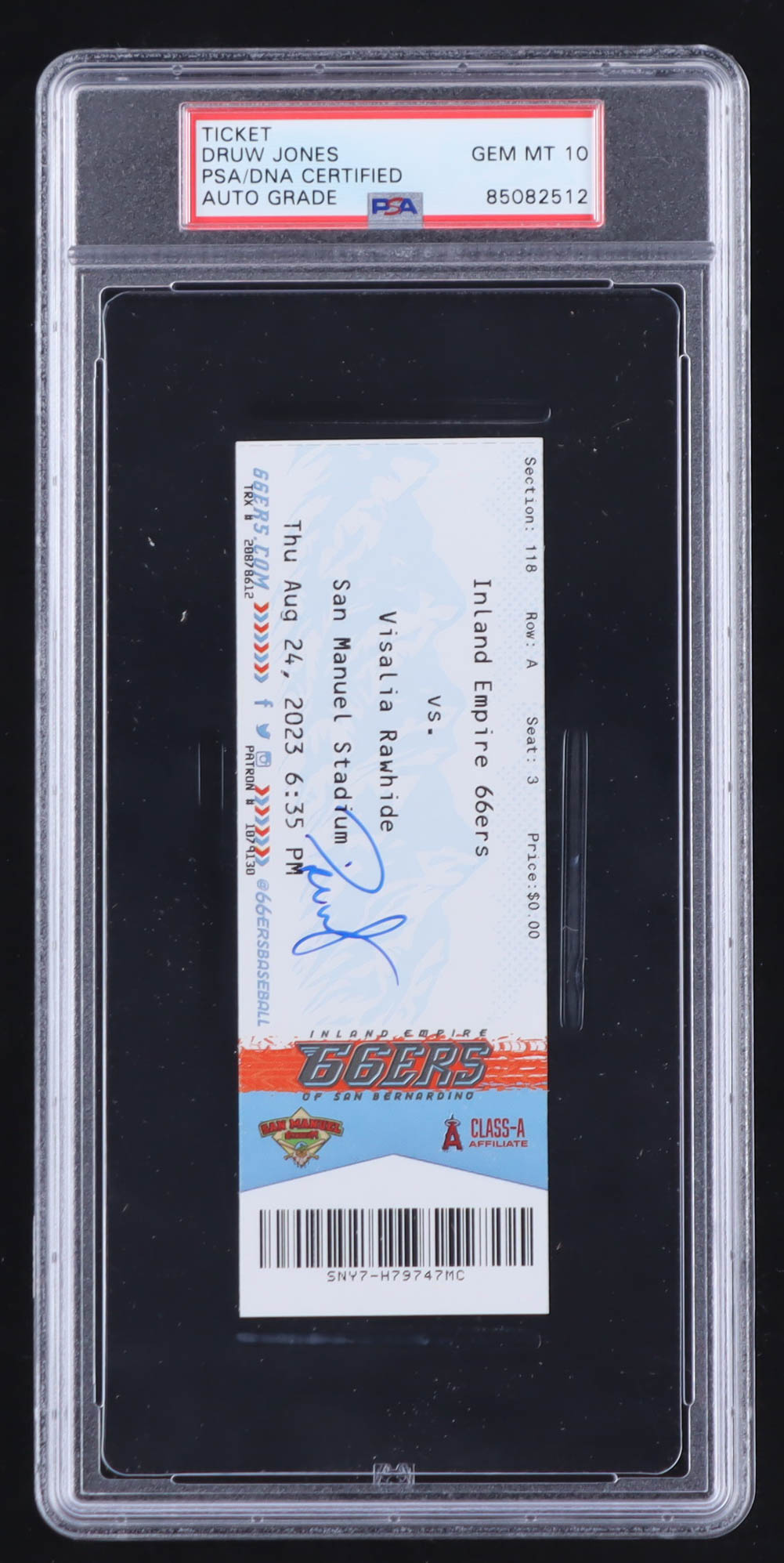 Druw Jones Signed 2023 Inland Empire 66ers vs. Visalia Rawhide Game Ticket (PSA | Auto Grade 10) at PristineAuction.com Druw Jones Signed 2023 Inland Empire 66ers vs. Visalia Rawhide Game Ticket (PSA | Auto Grade 10) at PristineAuction.com