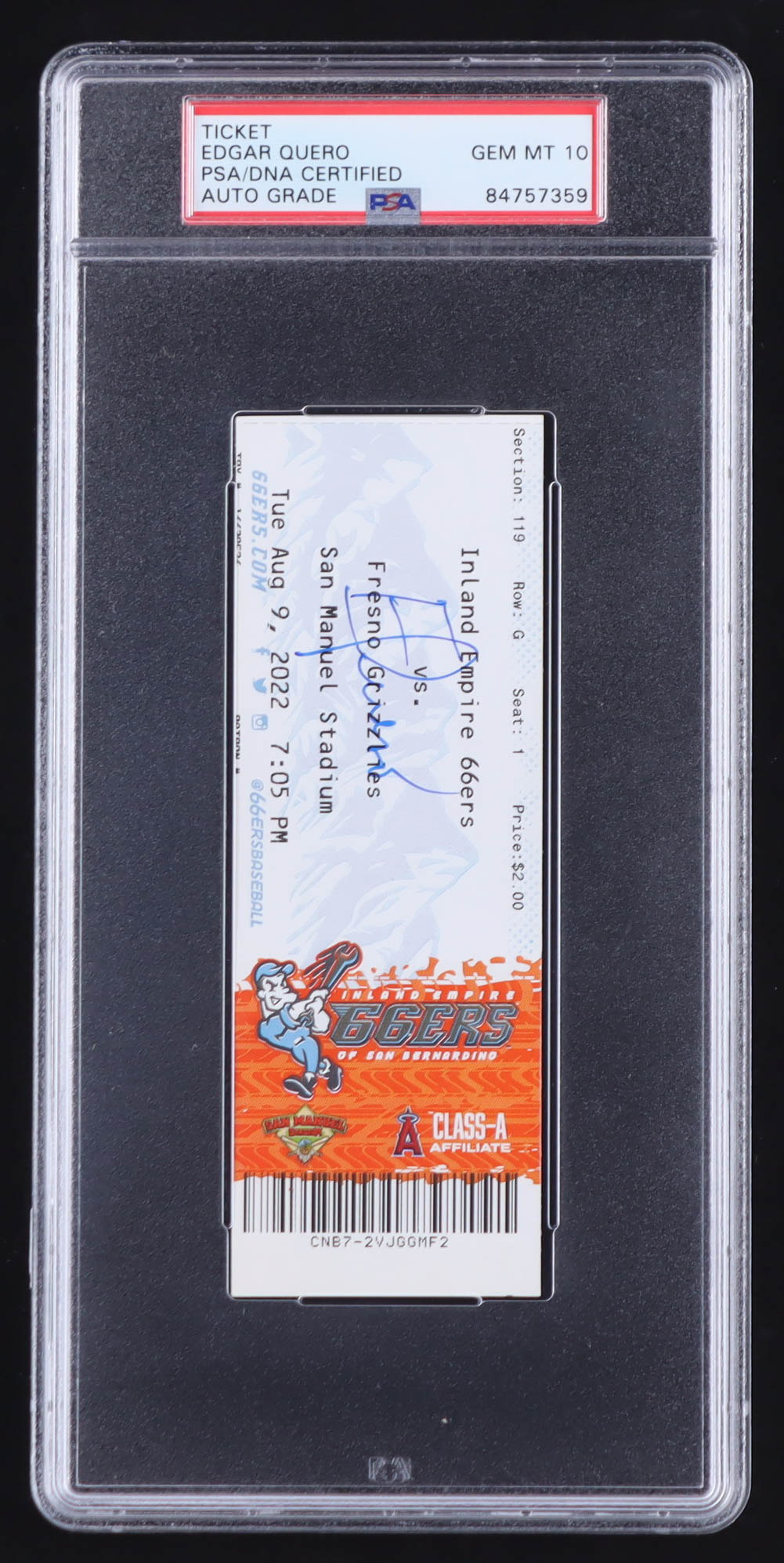 Edgar Quero Signed 2022 Inland Empire 66ers vs. Fresno Grizzlies Game Ticket (PSA | Auto Grade 10) at PristineAuction.com Edgar Quero Signed 2022 Inland Empire 66ers vs. Fresno Grizzlies Game Ticket (PSA | Auto Grade 10) at PristineAuction.com