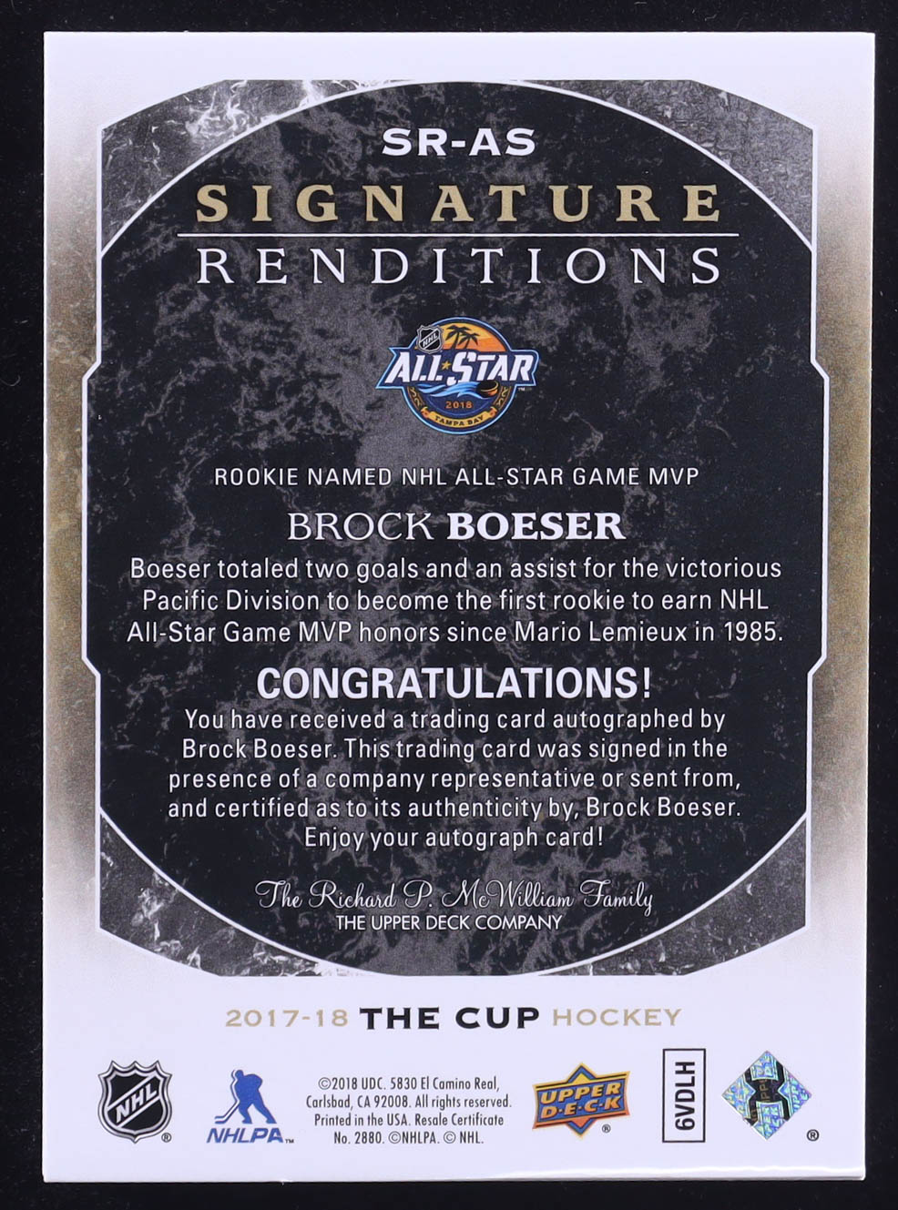 Brock Boeser 2017-18 The Cup Signature Renditions #SRAS MVP RC at PristineAuction.com Brock Boeser 2017-18 The Cup Signature Renditions #SRAS MVP RC at PristineAuction.com