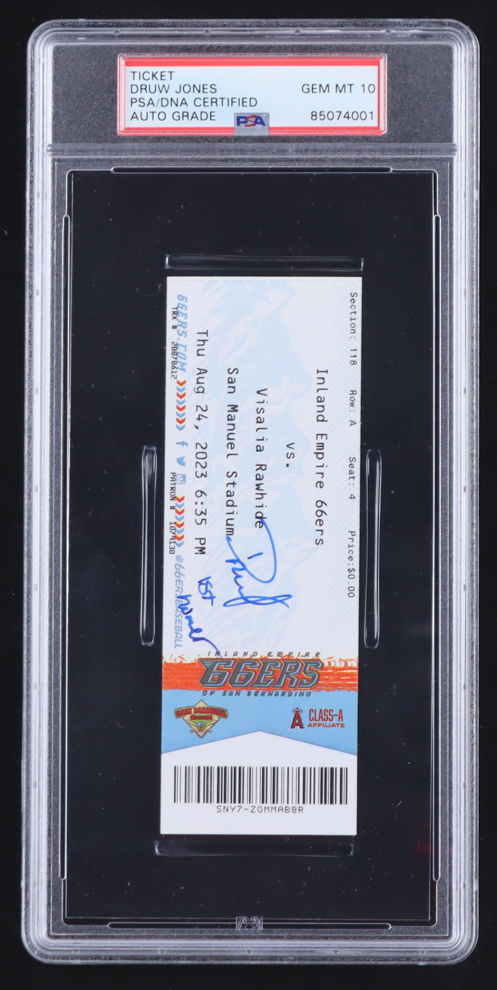 Druw Jones Signed 2023 Inland Empire 66ers vs. Visalia Rawhide Game Ticket Inscribed "1st Homer" (PSA | Auto Grade 10) at PristineAuction.com Druw Jones Signed 2023 Inland Empire 66ers vs. Visalia Rawhide Game Ticket Inscribed "1st Homer" (PSA | Auto Grade 10) at PristineAuction.com