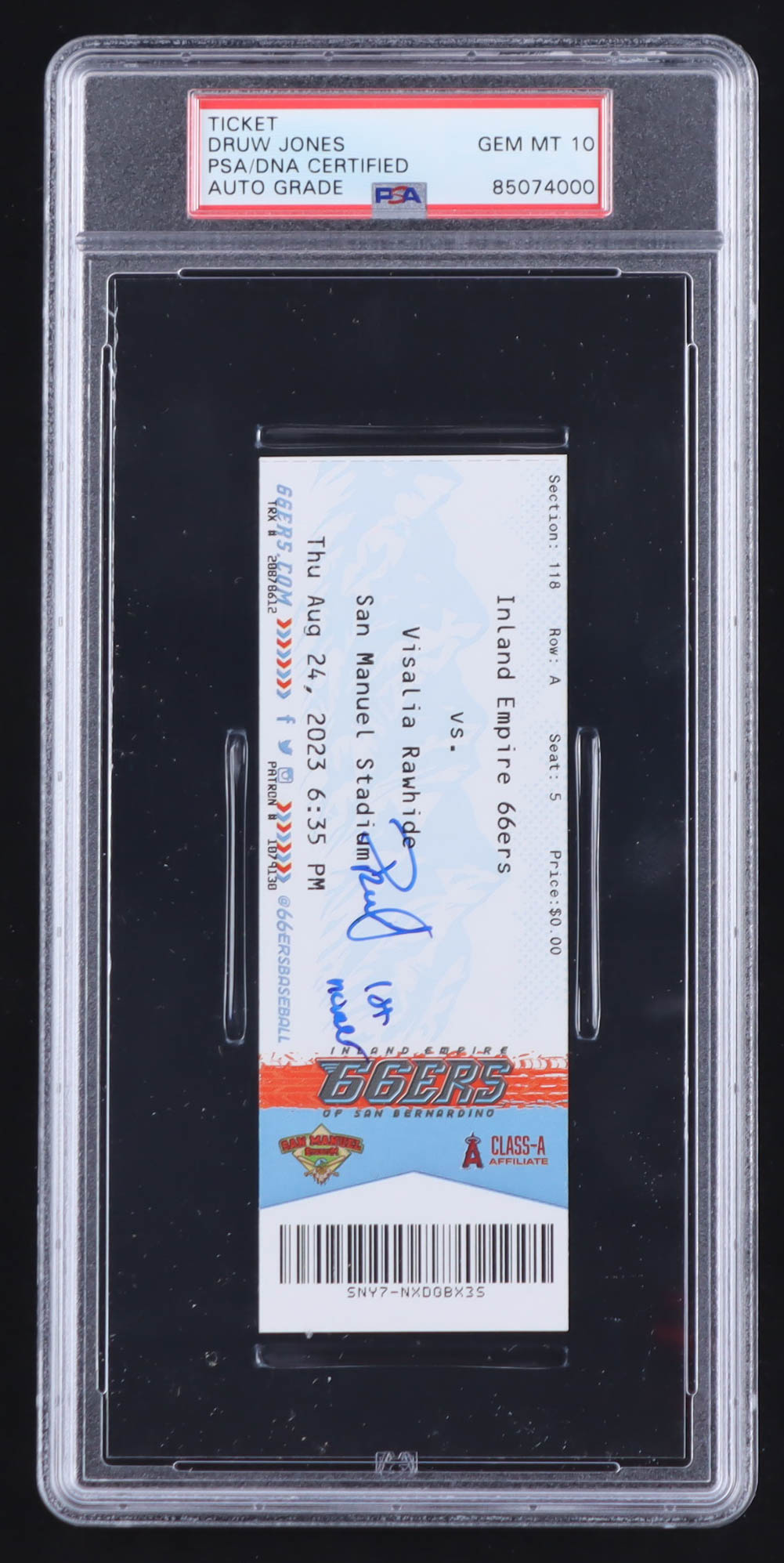 Druw Jones Signed 2023 Inland Empire 66ers vs. Visalia Rawhide Game Ticket Inscribed "1st Homer" (PSA | Auto Grade 10) at PristineAuction.com Druw Jones Signed 2023 Inland Empire 66ers vs. Visalia Rawhide Game Ticket Inscribed "1st Homer" (PSA | Auto Grade 10) at PristineAuction.com