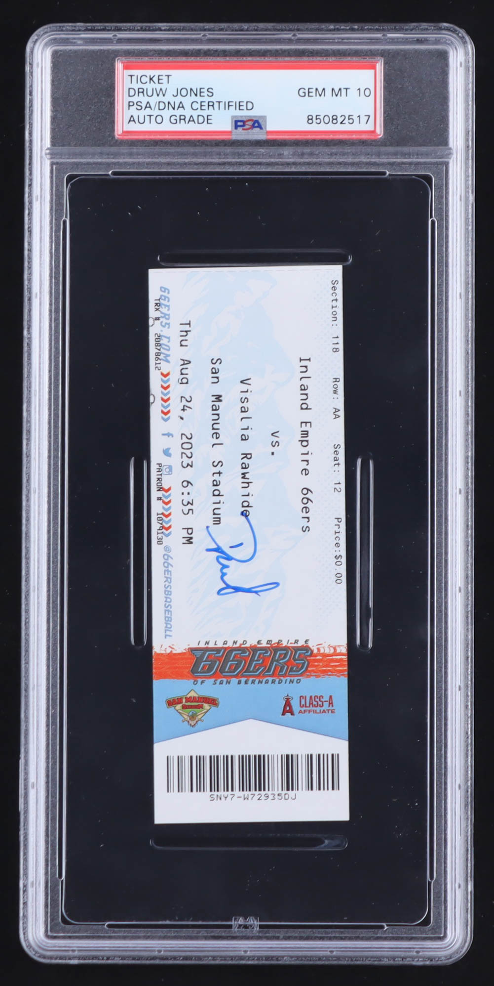 Druw Jones Signed 2023 Inland Empire 66ers vs. Visalia Rawhide Game Ticket (PSA | Auto Grade 10) at PristineAuction.com Druw Jones Signed 2023 Inland Empire 66ers vs. Visalia Rawhide Game Ticket (PSA | Auto Grade 10) at PristineAuction.com