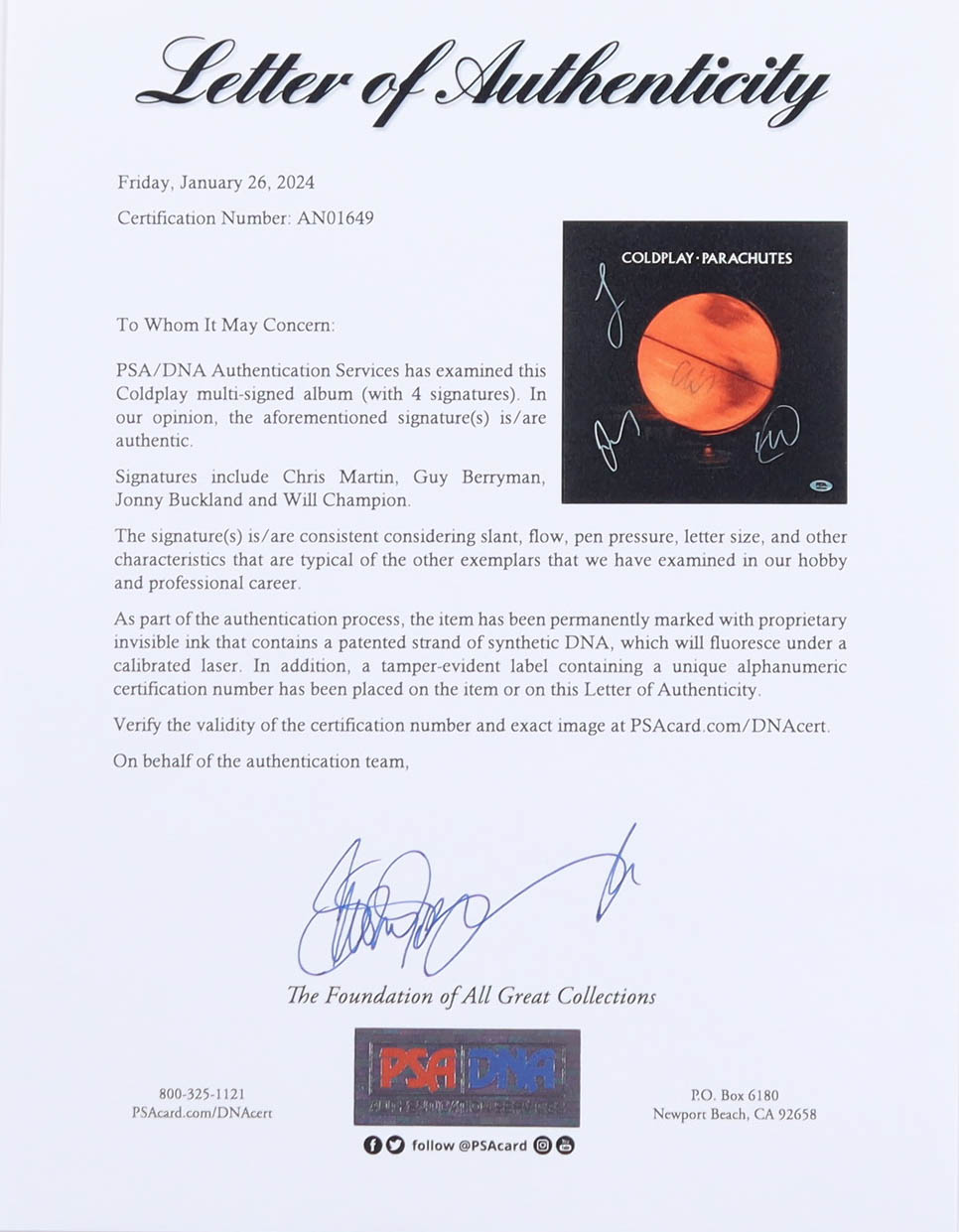 Coldplay "Parachutes" Vinyl Record Album Sleeve Band-Signed By (4) With Chris Martin, Guy Berryman, Will Champion & Johnny Buckland (PSA) at PristineAuction.com Coldplay "Parachutes" Vinyl Record Album Sleeve Band-Signed By (4) With Chris Martin, Guy Berryman, Will Champion & Johnny Buckland (PSA) at PristineAuction.com