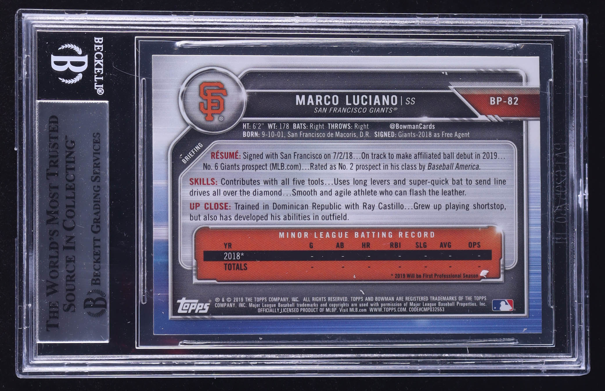 Marco Luciano Signed 2019 Bowman Prospects #BP82 RC (BGS) at PristineAuction.com Marco Luciano Signed 2019 Bowman Prospects #BP82 RC (BGS) at PristineAuction.com