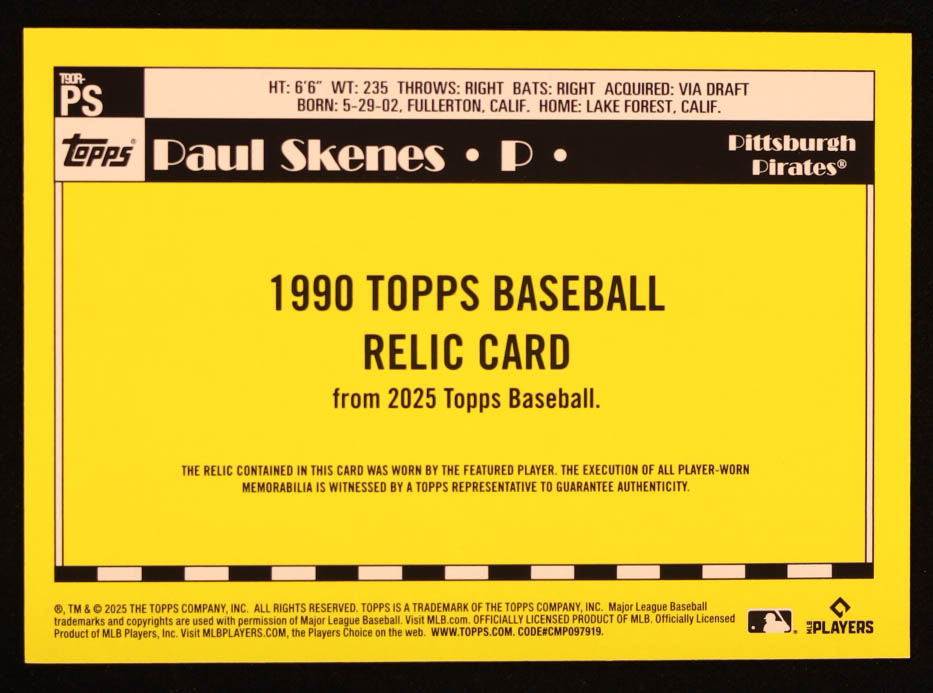 Paul Skenes 2025 Topps '90 Topps Relics #T90RPS at PristineAuction.com Paul Skenes 2025 Topps '90 Topps Relics #T90RPS at PristineAuction.com