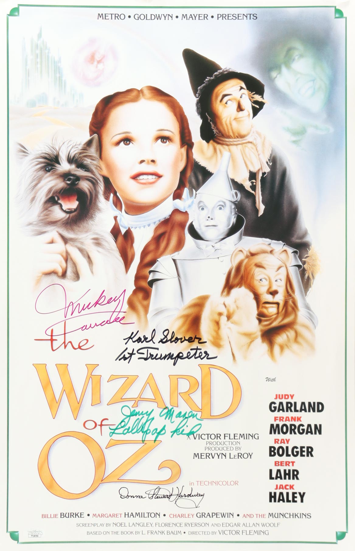 "The Wizard of Oz" 16x24 Poster Cast-Signed by (4) with Mickey Carroll, Jerry Maren, Karl Slover, & Donna Stewart Hardway Inscribed "1st Trumpeter" & "Lollipop Kid" (JSA) at PristineAuction.com "The Wizard of Oz" 16x24 Poster Cast-Signed by (4) with Mickey Carroll, Jerry Maren, Karl Slover, & Donna Stewart Hardway Inscribed "1st Trumpeter" & "Lollipop Kid" (JSA) at PristineAuction.com