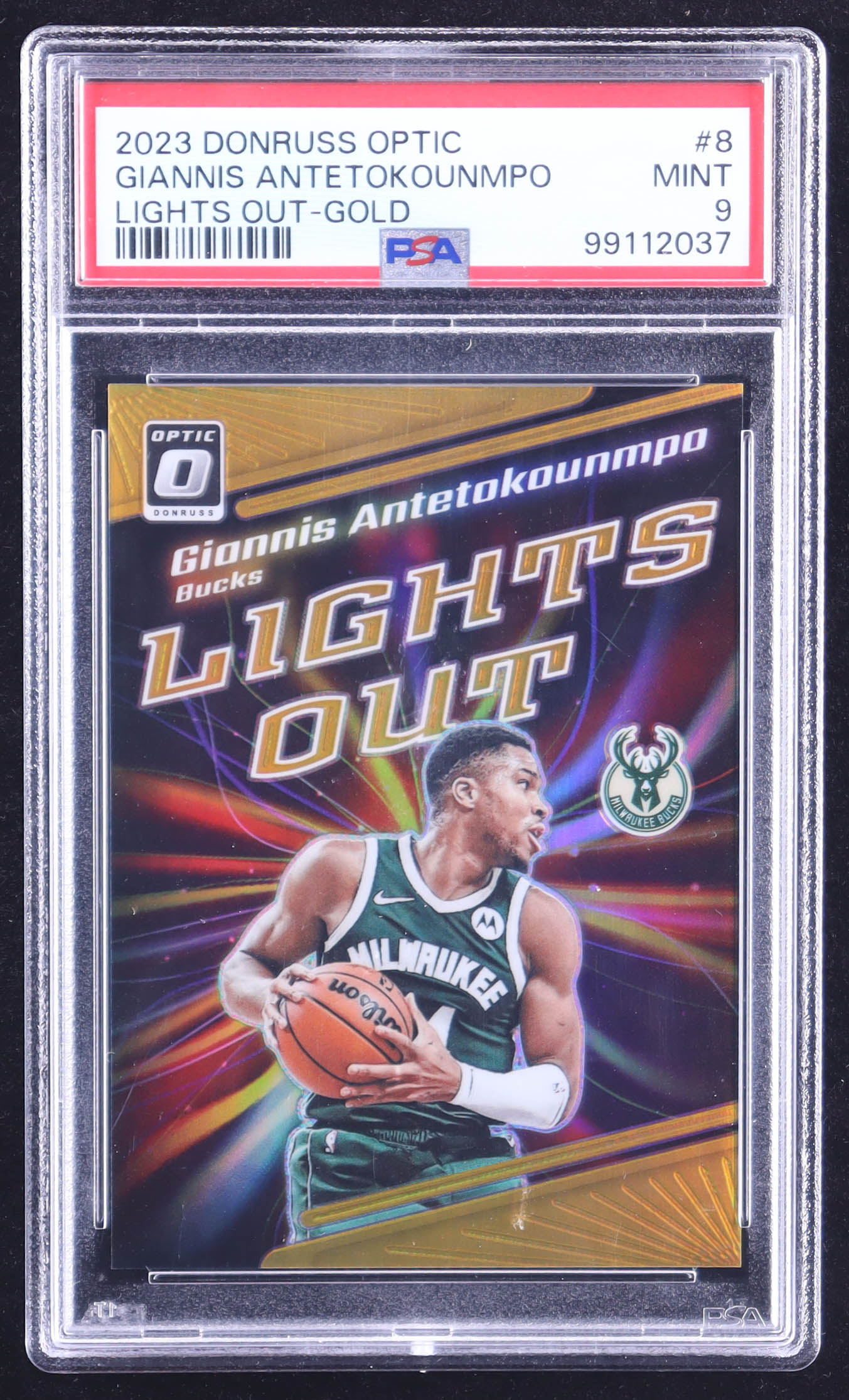 Giannis Antetokounmpo 2023-24 Donruss Optic Lights Out Gold #8 #01/10 (PSA 9) at PristineAuction.com Giannis Antetokounmpo 2023-24 Donruss Optic Lights Out Gold #8 #01/10 (PSA 9) at PristineAuction.com