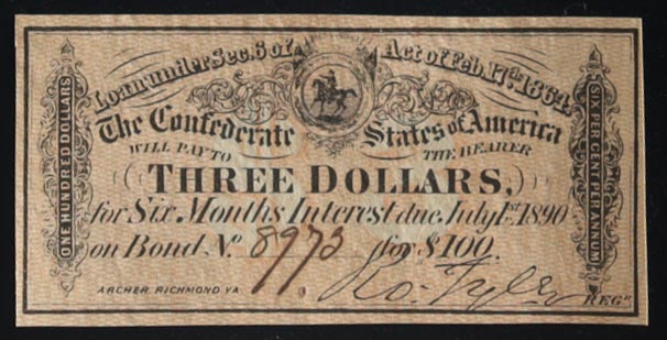 1864 $3 Confederate States of America Richmond CSA Bank Note Bond at PristineAuction.com 1864 $3 Confederate States of America Richmond CSA Bank Note Bond at PristineAuction.com