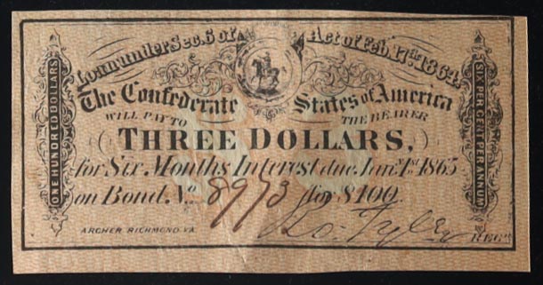 1864 $3 Confederate States of America Richmond CSA Bank Note Bond at PristineAuction.com 1864 $3 Confederate States of America Richmond CSA Bank Note Bond at PristineAuction.com