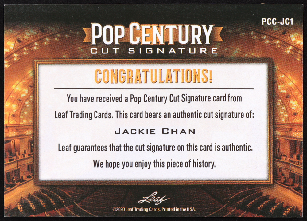 Jackie Chan 2020 Leaf Pop Century Cut Signature #PCCJC1 at PristineAuction.com Jackie Chan 2020 Leaf Pop Century Cut Signature #PCCJC1 at PristineAuction.com
