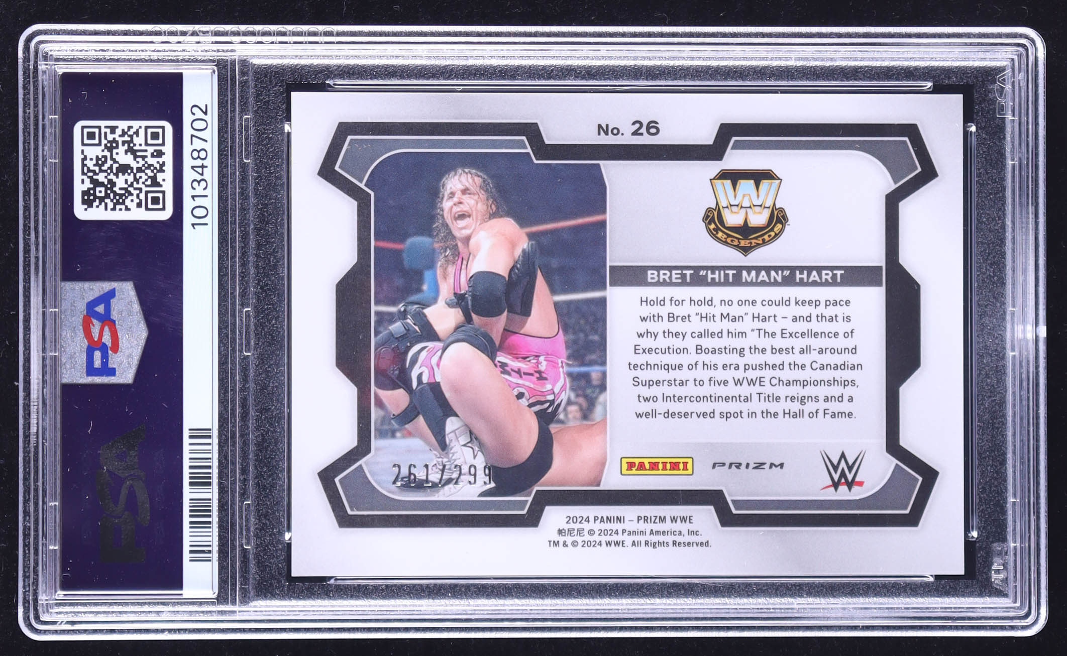Bret "Hit Man" Hart 2024 Panini Prizm WWE Prizms Red #26 #261/299 (PSA 10) at PristineAuction.com Bret "Hit Man" Hart 2024 Panini Prizm WWE Prizms Red #26 #261/299 (PSA 10) at PristineAuction.com
