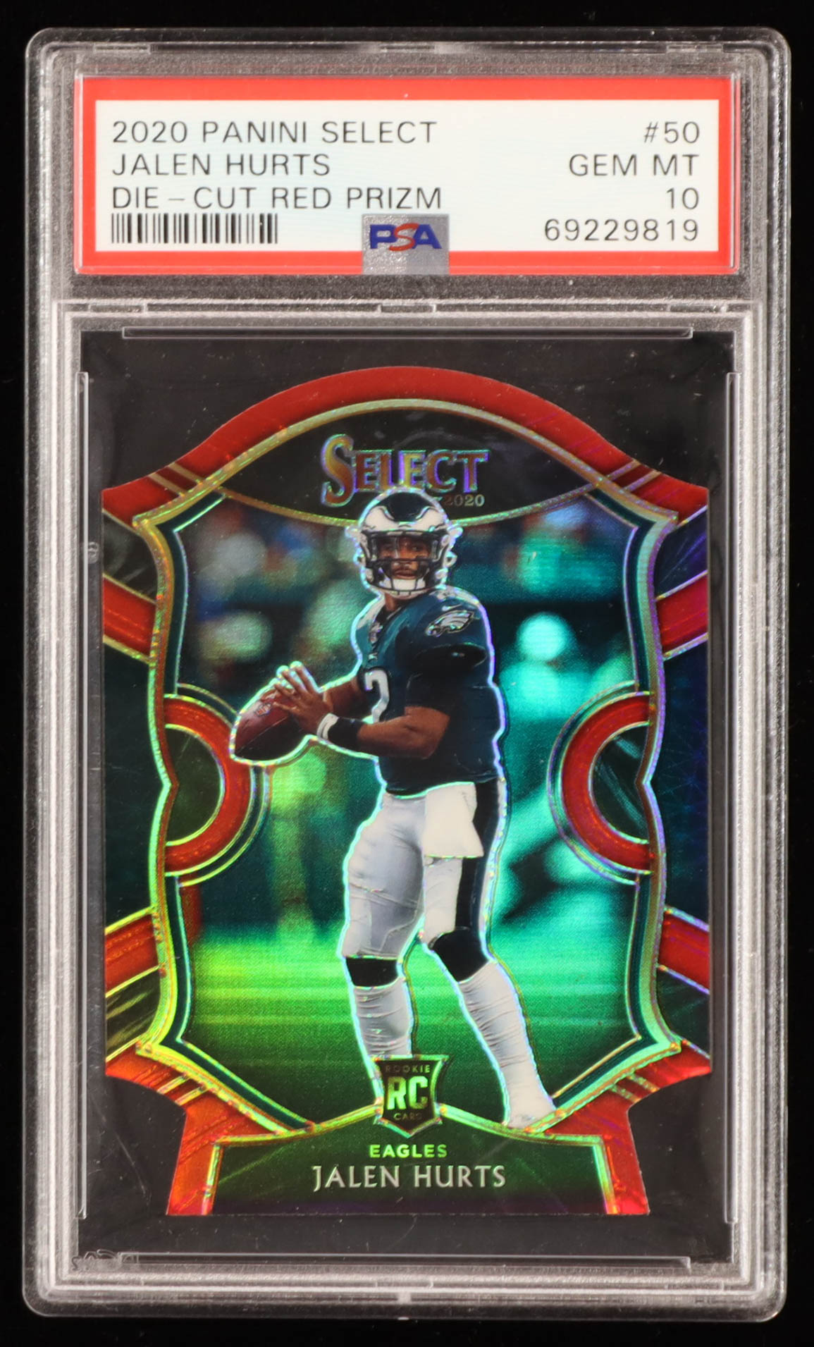Jalen Hurts 2020 Select Prizm Red Die Cut #50 RC (PSA 10) at PristineAuction.com Jalen Hurts 2020 Select Prizm Red Die Cut #50 RC (PSA 10) at PristineAuction.com