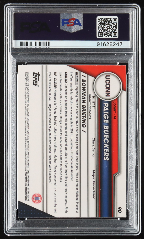Paige Bueckers 2023-24 Bowman Chrome University Sapphire #90 RC (PSA 9) at PristineAuction.com Paige Bueckers 2023-24 Bowman Chrome University Sapphire #90 RC (PSA 9) at PristineAuction.com