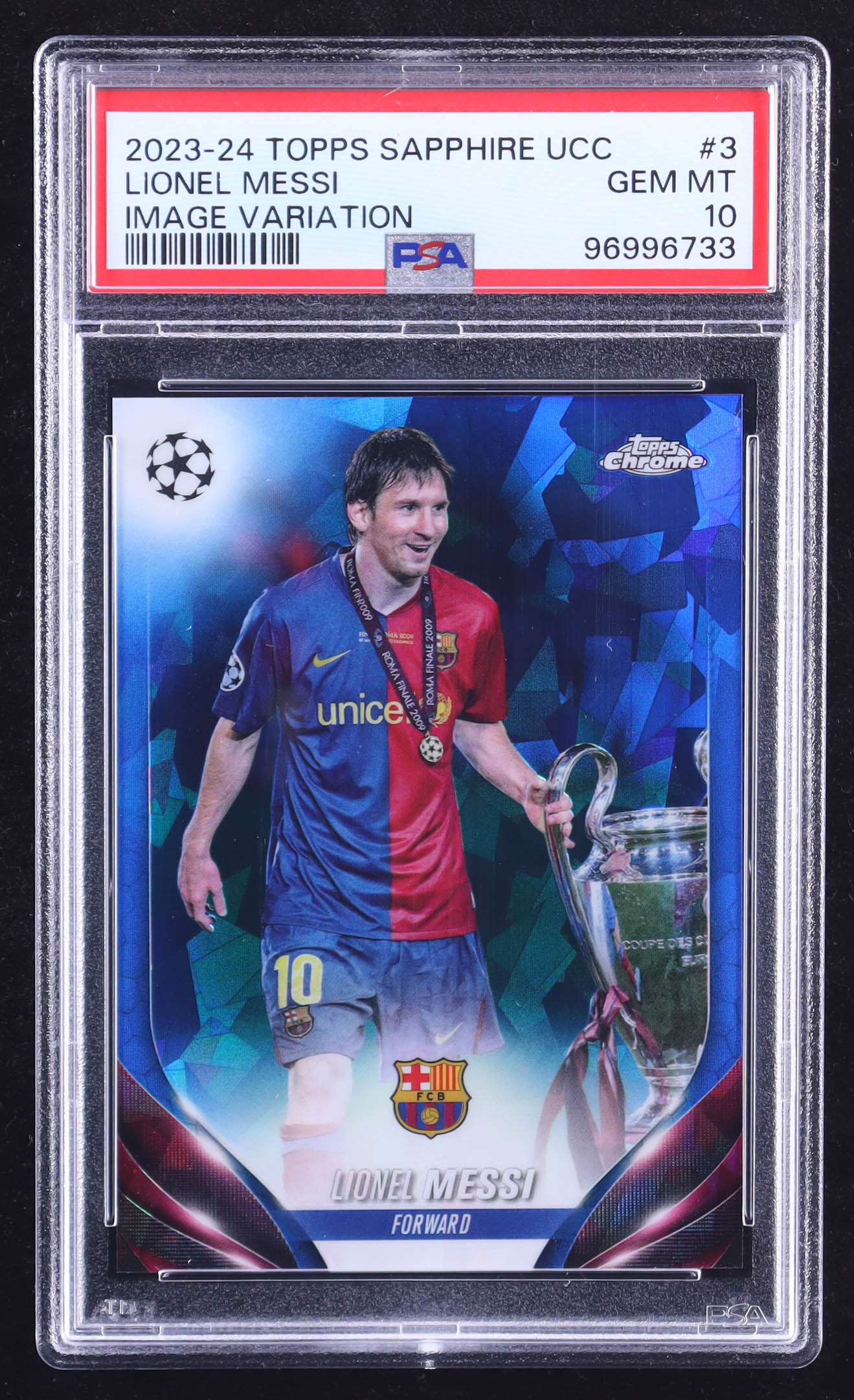 Lionel Messi 2023-24 Topps Chrome Sapphire UEFA Club Competitions Image Variations #CVS3 (PSA 10) at PristineAuction.com Lionel Messi 2023-24 Topps Chrome Sapphire UEFA Club Competitions Image Variations #CVS3 (PSA 10) at PristineAuction.com