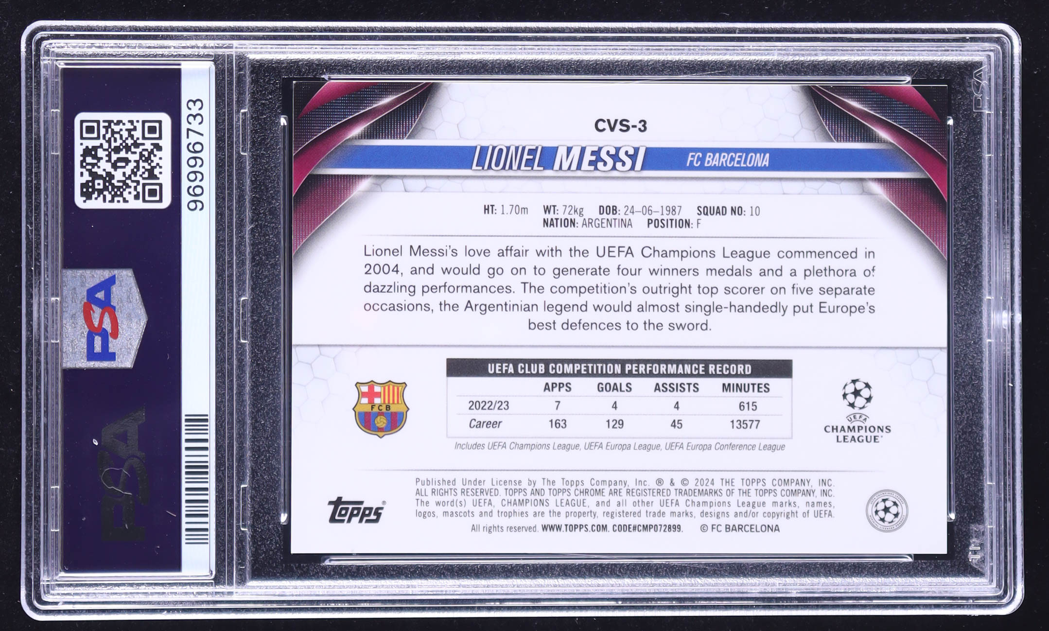 Lionel Messi 2023-24 Topps Chrome Sapphire UEFA Club Competitions Image Variations #CVS3 (PSA 10) at PristineAuction.com Lionel Messi 2023-24 Topps Chrome Sapphire UEFA Club Competitions Image Variations #CVS3 (PSA 10) at PristineAuction.com