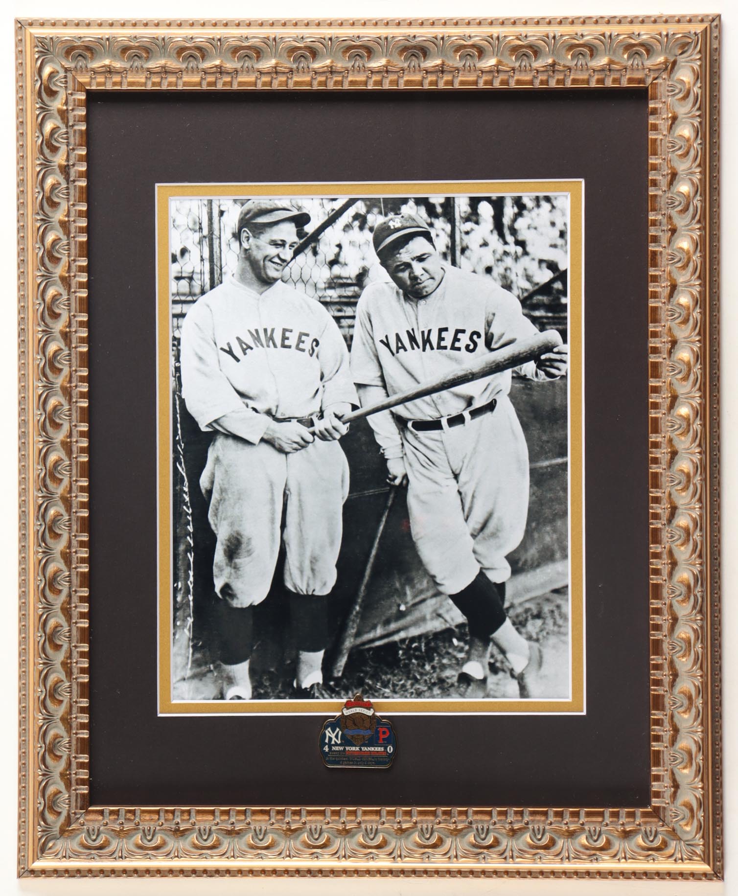 "Babe Ruth & Lou Gehrig" Custom Framed Photo Display with Official 1927 Yankees World Series Pin at PristineAuction.com "Babe Ruth & Lou Gehrig" Custom Framed Photo Display with Official 1927 Yankees World Series Pin at PristineAuction.com