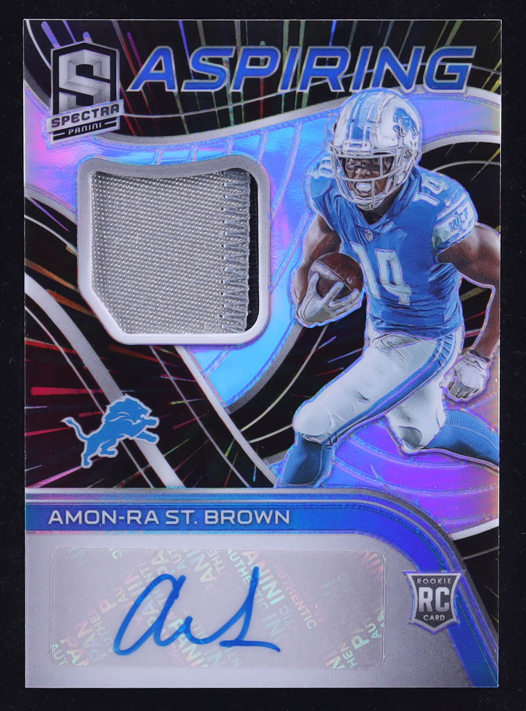 Amon-Ra St. Brown 2021 Panini Spectra Aspiring Patch Autographs Hyper #17 RC #13/60 at PristineAuction.com Amon-Ra St. Brown 2021 Panini Spectra Aspiring Patch Autographs Hyper #17 RC #13/60 at PristineAuction.com